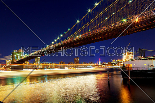 Night New York Brooklyn Bridge New York City Brooklyn bridge and Manhattan skyline night scene over Hudson River