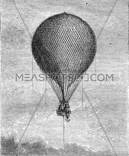 Balloon stowed in the air, vintage engraved illustration. Magasin Pittoresque 1870.