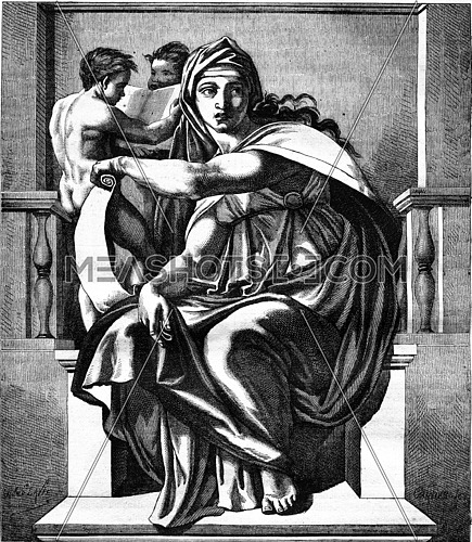 Sistine Chapel, The Delphic Sibyl, fresco by Michelangelo, vintage engraved illustration. Magasin Pittoresque 1877.