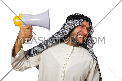 Arab man with loudspeaker isolated on white