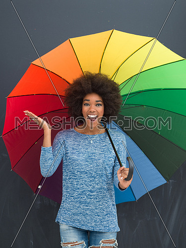 Portrait of young beautiful african american woman holding a colorful umbrella isolated on a gray background