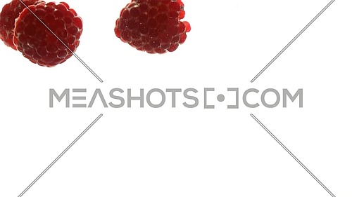 Close up several fresh red ripe raspberries thrown and floating in clear transparent water, low angle side view, slow motion