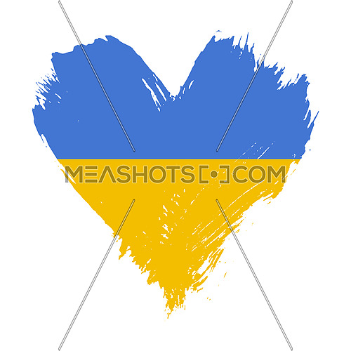 Grunge brushstroke painted illustration of heart shaped distressed Ukrainian flag isolated on white background