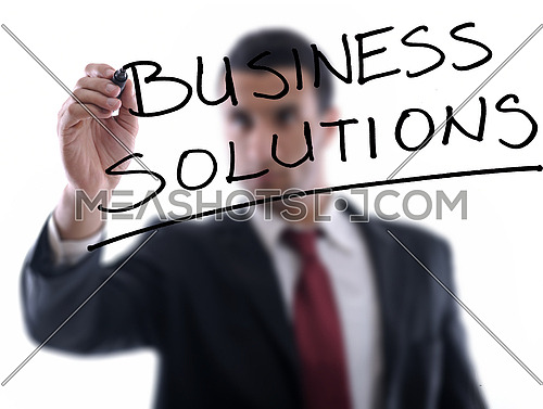business man draw business solutions and plan b concept  with marker on glass  isolated on white background  in studio