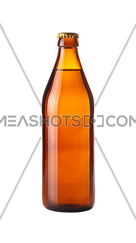 Close up one full brown glass bottle of lager beer without label isolated on white background, low angle side view