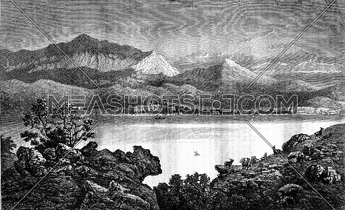 Lake Bourget, vintage engraved illustration. Magasin Pittoresque 1880.