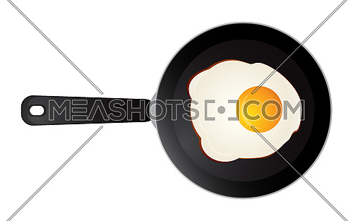 Vector illustration of cooking one sunny side fried egg on skillet frying pan, elevated top view, directly above