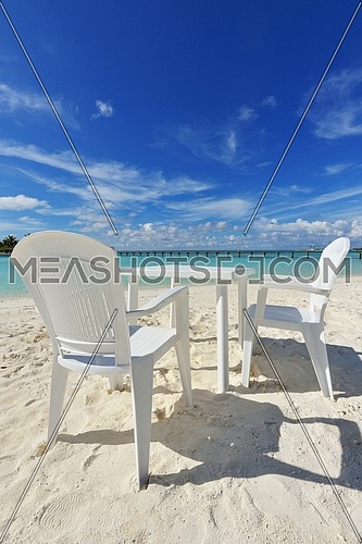 Two chairs beds in forest  on tropical beach with blue ocean in background