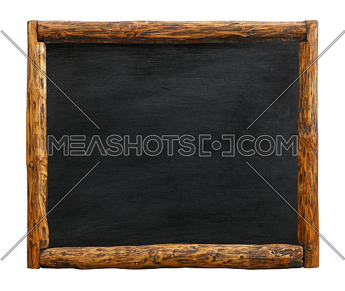 Old vintage black chalkboard empty blank sign with grunge brown aged rustic wooden  log border frame, isolated on white