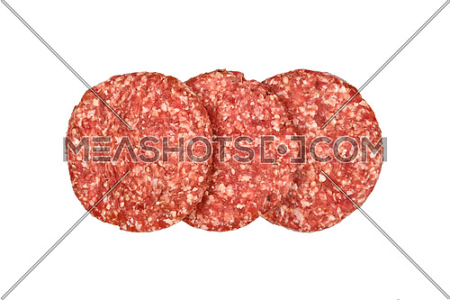 Three fresh raw beef meat burgers for hamburger isolated on white background, elevated top view, directly above
