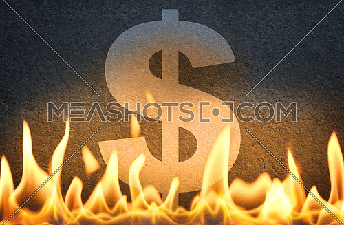 US dollar currency symbol sign burning in fire flames, as symbol of American economy crisis, decline and USA market crash or disruption