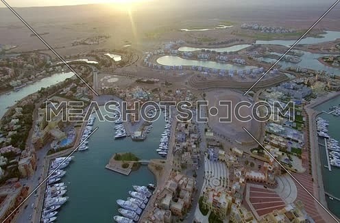  Drone shot flying above Al Gouna Marina  at sunrise 