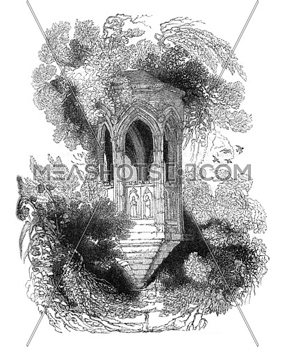 Ruins of a stone pulpit, located in the gardens of the Abbey Shrewsbury, Shropshire, vintage engraved illustration. Colorful History of England, 1837.