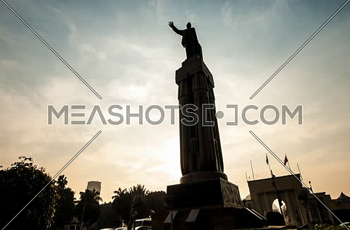 Zoom Out Shot for Saad Zaghloul Statue at Cairo at Sunset