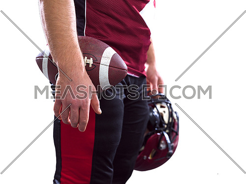 Closeup Portrait of a strong muscular American Football Player isolated on white