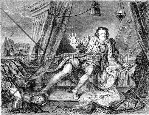 Garrick in the role of Richard III by William Hogarth Painting, Exhibition of art treasures in the United Kingdom in Manchester, vintage engraved illustration. Magasin Pittoresque 1857.
