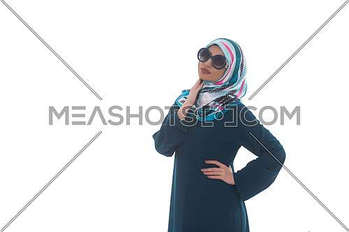 Young Muslim Woman In Head Scarf With Modern Clothes And Sunglasses - Isolated On White