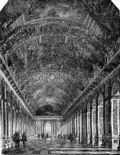 Seventeenth century, The great Hall of Mirrors at the Palace of Versailles, vintage engraved illustration. Magasin Pittoresque 1847.
