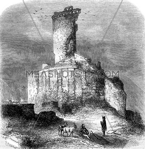 Ruins of the monument of Augustus, the tower of the Turbie, vintage engraved illustration. Magasin Pittoresque 1853.