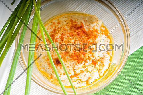 fresh healthy hummus with chives  typical middle east dish