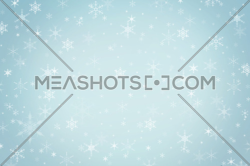 Abstract pastel teal blue Christmas holiday winter background of falling snow bokeh and snowflakes