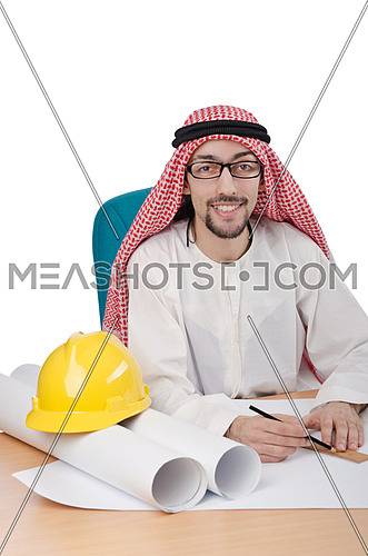 Young arab architect isolated on white
