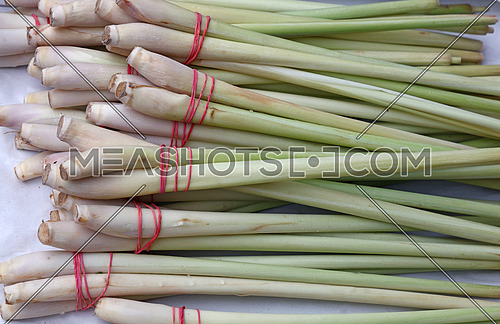 Bunches of fresh green lemongrass, traditional food ingredient of Asian cuisine, on retail farmers market, close up, elevated top view, high angle