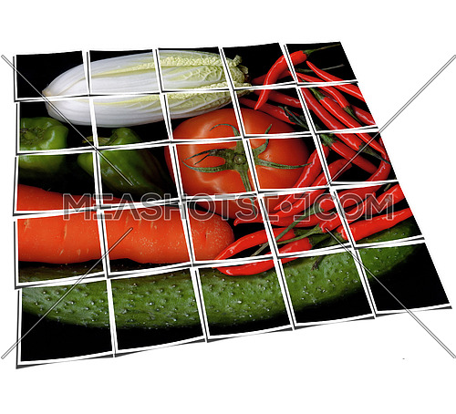 assorted vegetables on black background collage composition of multiple images over white
