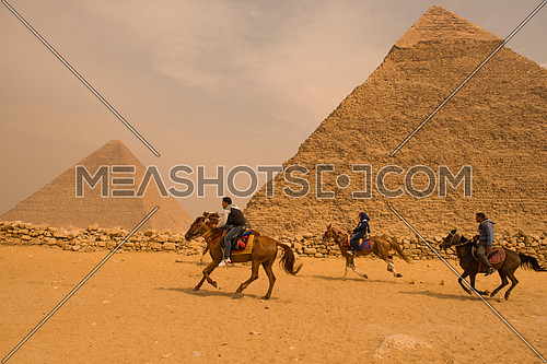 egypt cairo giza general view of pyramids from the giza plateau three pyramids known as queens