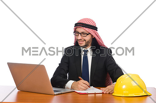 Arab man with computer and hardhat