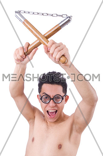 Funny guy with nunchucks on white