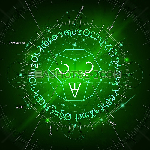Abstract green background of glowing magic spells, formulas, signs, clockwork and sacred symbols