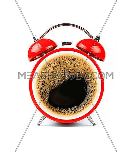 Close up one red retro alarm clock with black coffee cup froth face, isolated on white background, low angle, front view