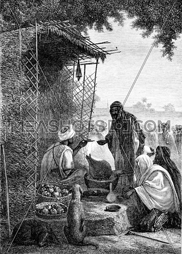1861 Exhibition of Painting, Restaurant at the door of Shubra in Cairo, vintage engraved illustration. Magasin Pittoresque 1861.