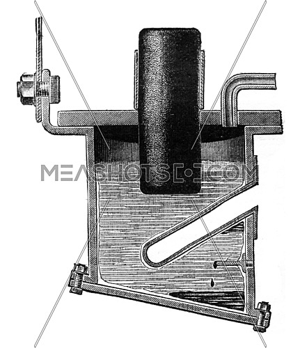 Apparatus for the preparation of alkaline earth metals by electrolysis, vintage engraved illustration. Industrial encyclopedia E.-O. Lami - 1875.