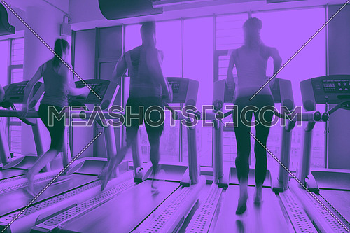 group of young people running on treadmills in modern sport  gym duo tone