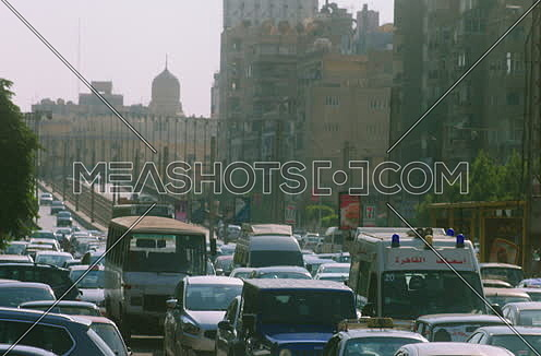 Long shot for a Traffic Jam in Cairo Downtown at noon
