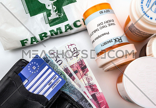 European health insurance card along with several capsules, concept of medical increase in the crisis of the brexit, conceptual image, horizontal composition