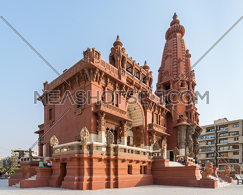 Cairo, Egypt- July 30 2020: Angle view of Baron Empain Palace, a historic mansion inspired by the Cambodian Hindu temple of Angkor Wat, located in Heliopolis district
