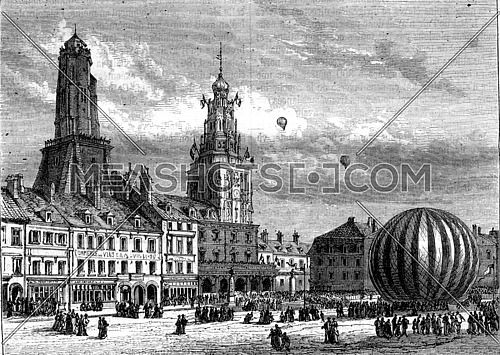 August 16, 1868, Neptune balloon out of the Place d'Armes, Calais, vintage engraved illustration. Magasin Pittoresque 1870.
