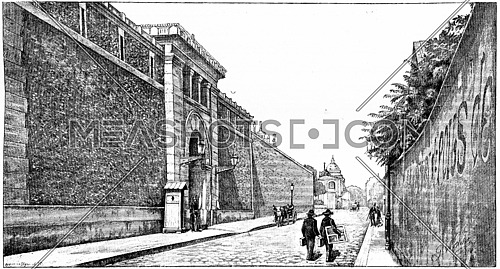 Street Health and the prison, vintage engraved illustration. Paris - Auguste VITU â 1890.