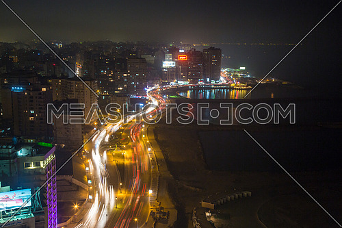 Long Shot for traffic in Kornich at Alexandria at night