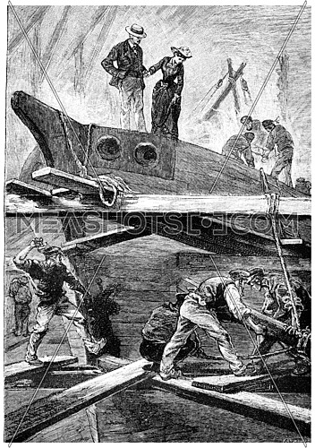 Very often, Dolly accompanied the captain, vintage engraved illustration. Jules Verne Mistress Branican, 1891.