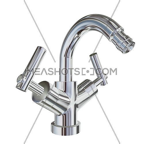 Shining chrome kitchen faucet 3D illustration, isolated against a white background