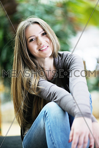 beautiful young woman student portrait while relax on coffee break