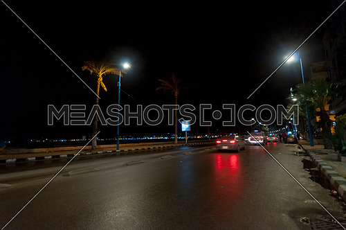 Long shot for traffic at seaside at Alexandria at Night