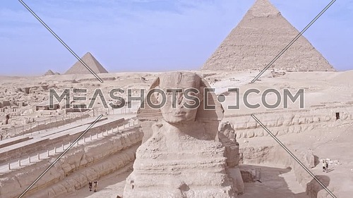 Fly over Shot Drone for The Sphinx and Menkaure Pyramid and Khafre Pyramid in Giza at day