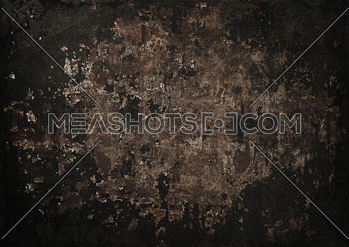 Close up grunge brown abstract uneven background texture of vintage weathered corroded rusty metal surface with dark vignette frame