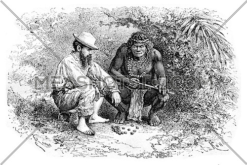 Making a Necklace in Oiapoque, Brazil, drawing by Riou from a sketch by Dr. Crevaux, vintage engraved illustration. Le Tour du Monde, Travel Journal, 1880