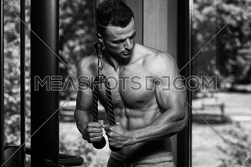Muscular Young Man Bodybuilder Doing Heavy Weight Exercise For Triceps On Cable Machine